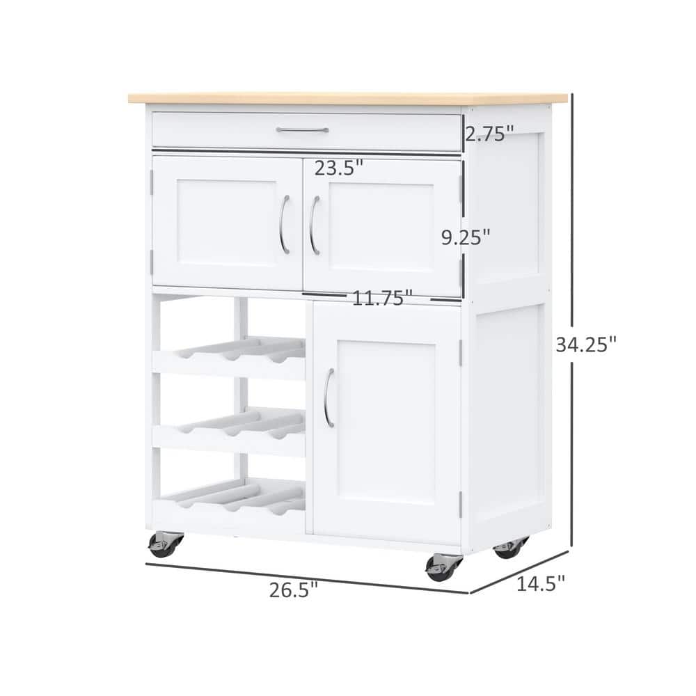 White Wood Rolling Kitchen Cart with Butcher Block Top and Wine Rack