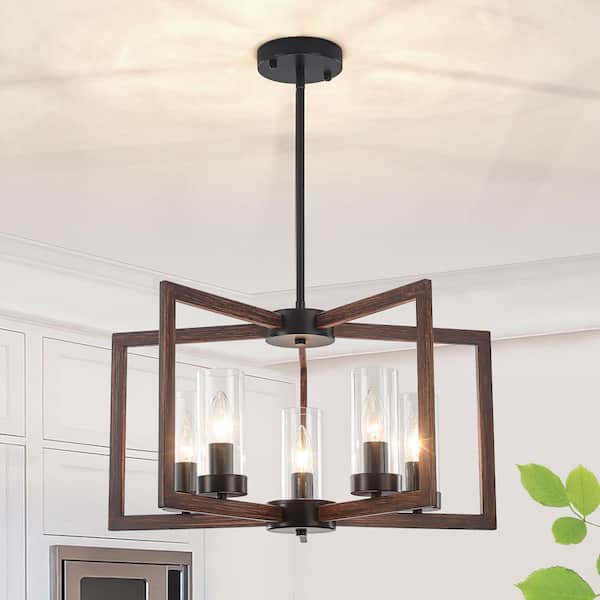 5-Light Black and Brown Modern Industrial Chandelier Farmhouse Candle-Style Geometric Rectangle Pendant Light