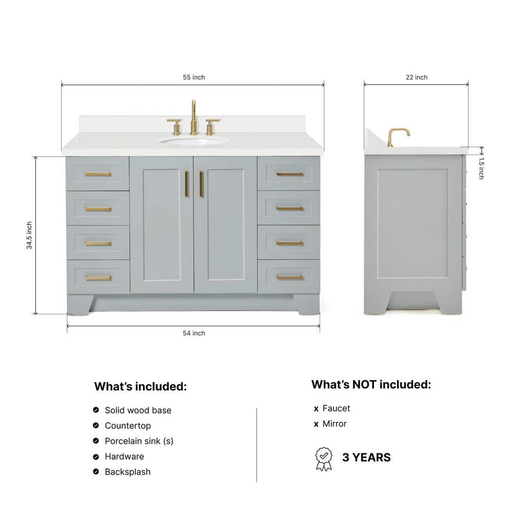 Taylor 55" Gray Painted Freestanding Single Sink Vanity with Brass Hardware