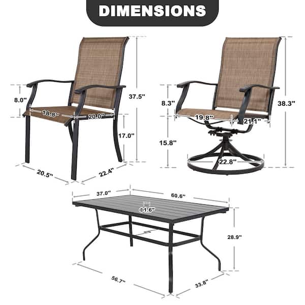 Brown 7-Piece Steel Sling Outdoor Patio Dining Set with Rectangular Table and Swivel Dining Chairs