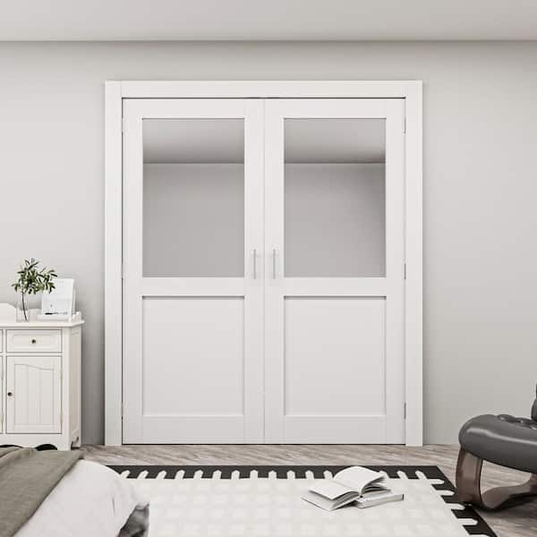 48 in. x 80 in. 1/2 Lite Mirrored Glass Solid Core Primed Wood French Door without Jamb Bi-fold Door with Ball Catch