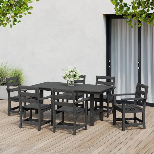 Shoreside 7-Piece All Weather HDPE Plastic Outdoor Patio Dining Set w/ Armchairs, Gray