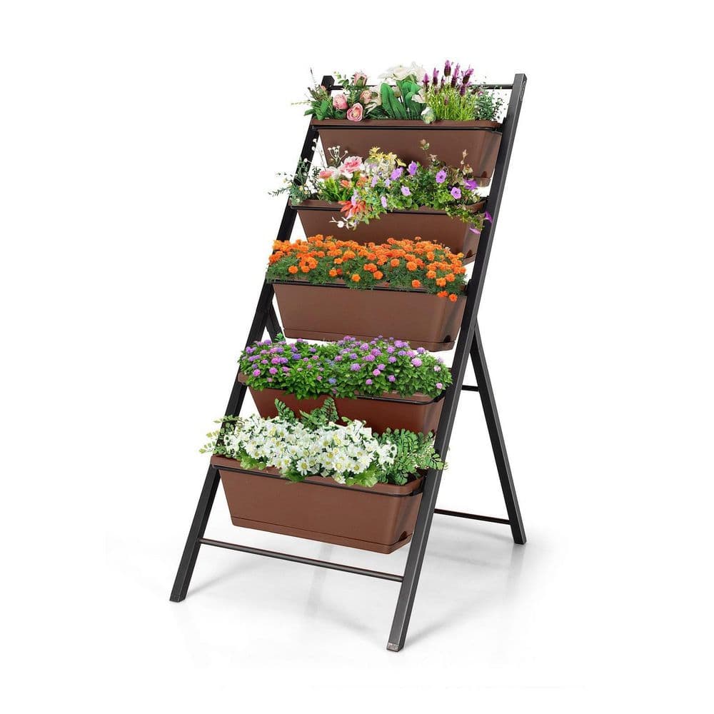 Brown 5-Tier Iron Vertical Garden Planter for Indoor/Outdoor Use