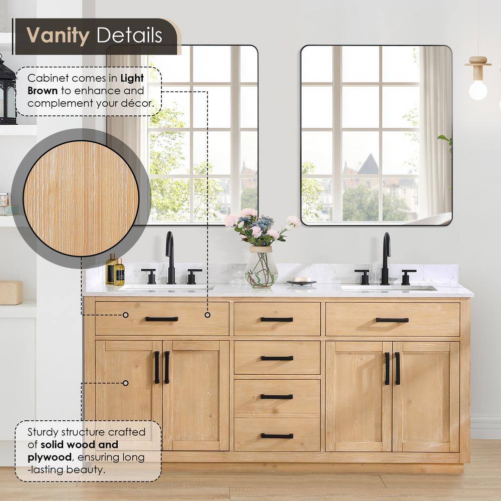 Gavino 72" Light Brown Wood Vanity with Composite Stone Top and Mirror