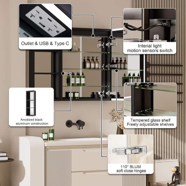 48 in. W x 30 in. H Rectangular Black Aluminum Recessed/Surface Mount LED Medicine Cabinet with Mirror and Outlet
