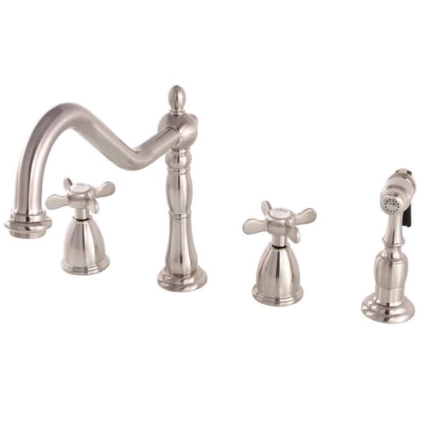 Kingston Brass Victorian Cross 2-Handle Standard Kitchen Faucet with Side Sprayer in Brushed Nickel