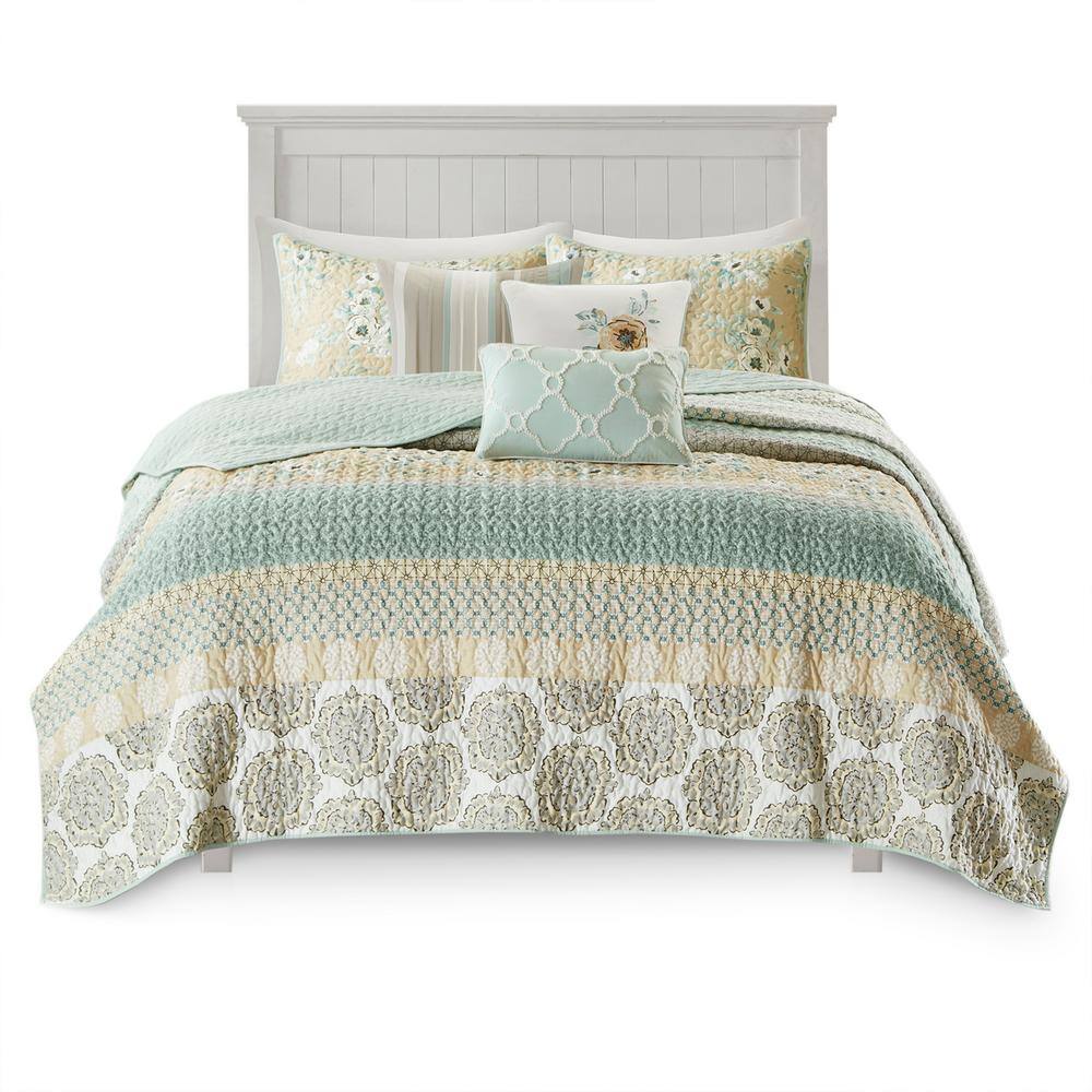 Boho-Chic Blue Cotton Reversible Quilt Set with Pillows