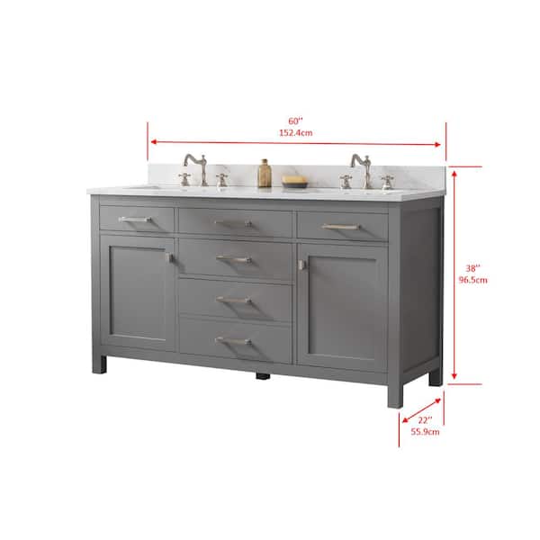 SUDIO - Jasper 60 in. W x 22 in. D Bath Vanity in Gray with Engineered Stone Vanity in Carrara White with White Sinks