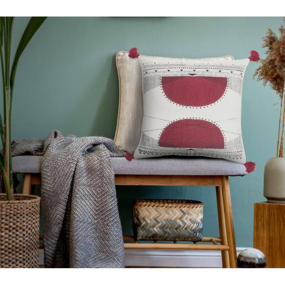 White and Burgundy Cotton Blend Geometric Throw Pillow