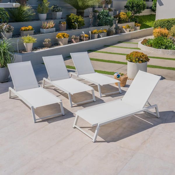Noble House Myers White Metal Outdoor Chaise Lounge (Set of 4)