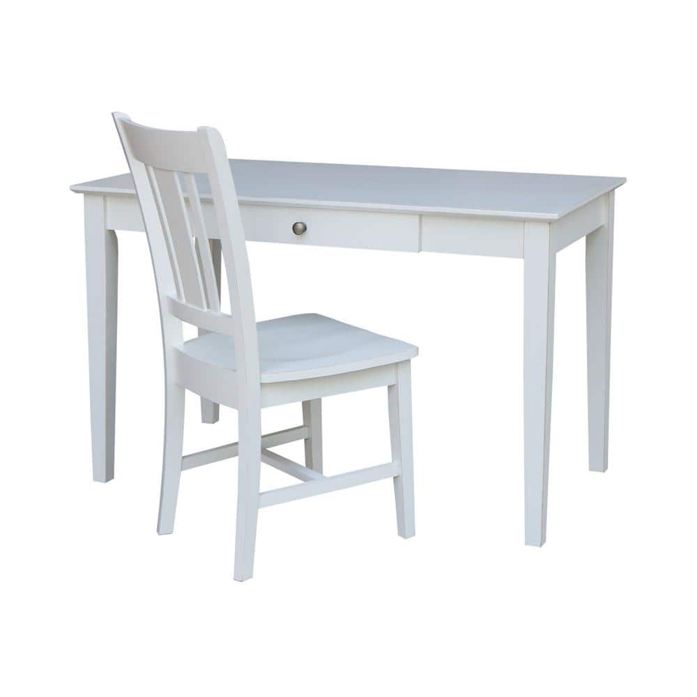 Beach White Solid Hardwood Desk with Drawer and Chair Set