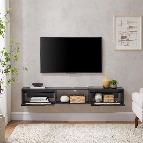 58 in. Modern Black Wood Floating TV Stand with 2 Faux Rattan Doors (Max TV Size 65 in.)