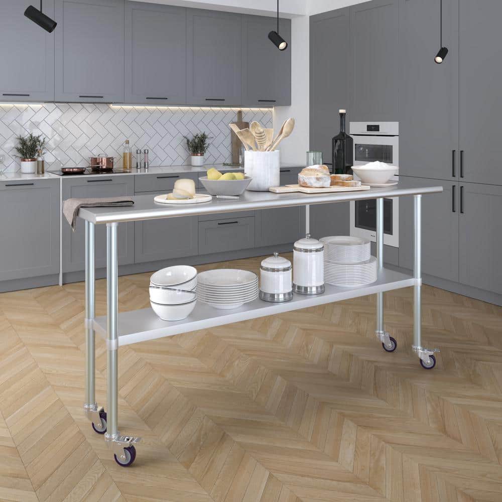 72" Stainless Steel Work Table with Galvanized Undershelf and Casters