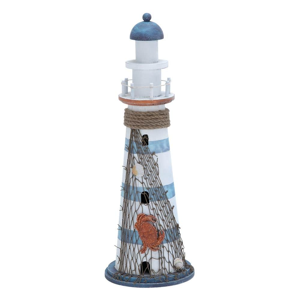 Litton Lane 7 in. x 16 in. White Wood Light House Sculpture with Netting