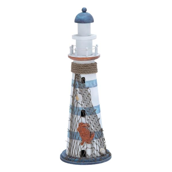 Litton Lane 7 in. x 16 in. White Wood Light House Sculpture with Netting