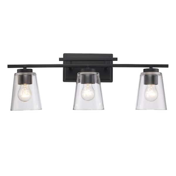 Bel Air Lighting Iris 24.25 in. 3-Light Black Bathroom Vanity Light Fixture with Clear Glass Shades