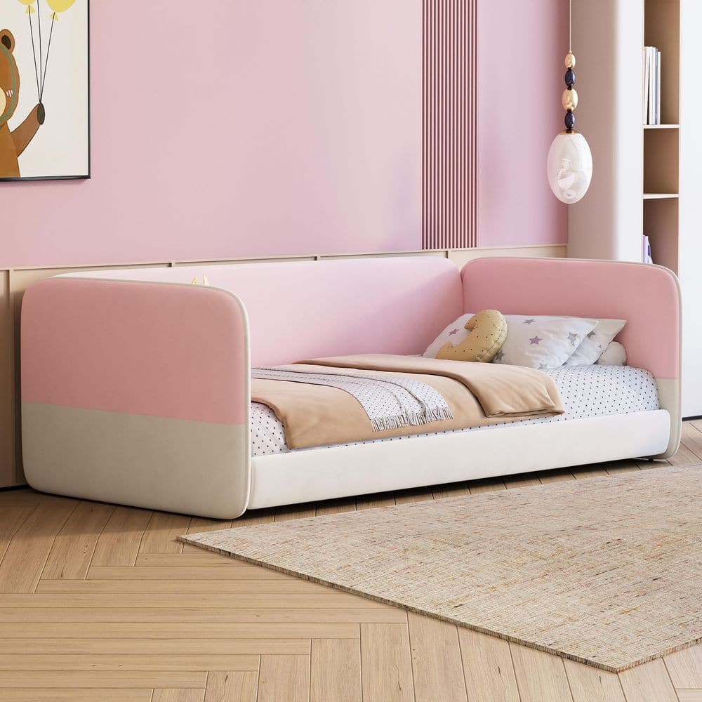 Pink Wood Frame Twin Platform Bed with Upholstered Headboard and Armrests,Soft and Safe Design,Protective Sides price history on PriceWatchPro