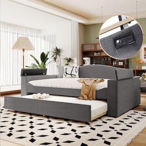 Gray Full Teddy Fleece Upholstered Daybed with Trundle, Flip-Top Storage Armrests, Bluetooth Audio System, USB Ports