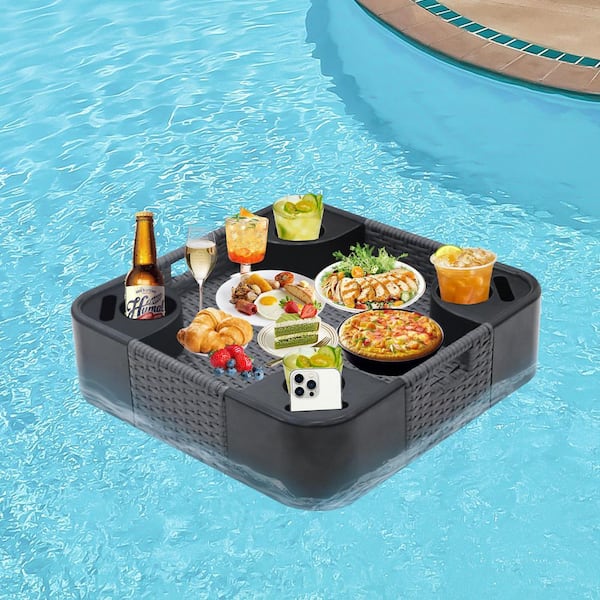 Durable Pool Floating Tray with 4 Cup Holders and Phone Slot-Sturdy Wicker Design for Drinks, Snacks Square/Grey