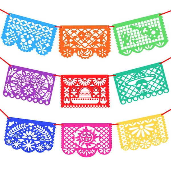 ANLEY 12 in. x 17 in. Mexicano Fiesta Papel Picado - Mexican Festival Party Decorations Paper Banner (9-Pieces)