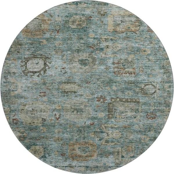 Mayfield Premium Machine Washable Abstract AMF2429 Teal 8 ft. x 8 ft. Round Rug
