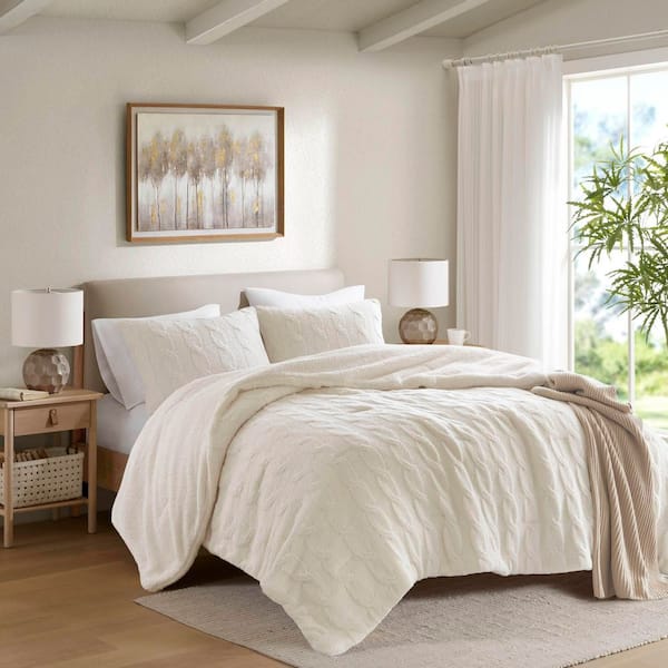 Ellis 3-Piece Ivory Polyester Full/Queen Textured Knit Chenille Comforter Set
