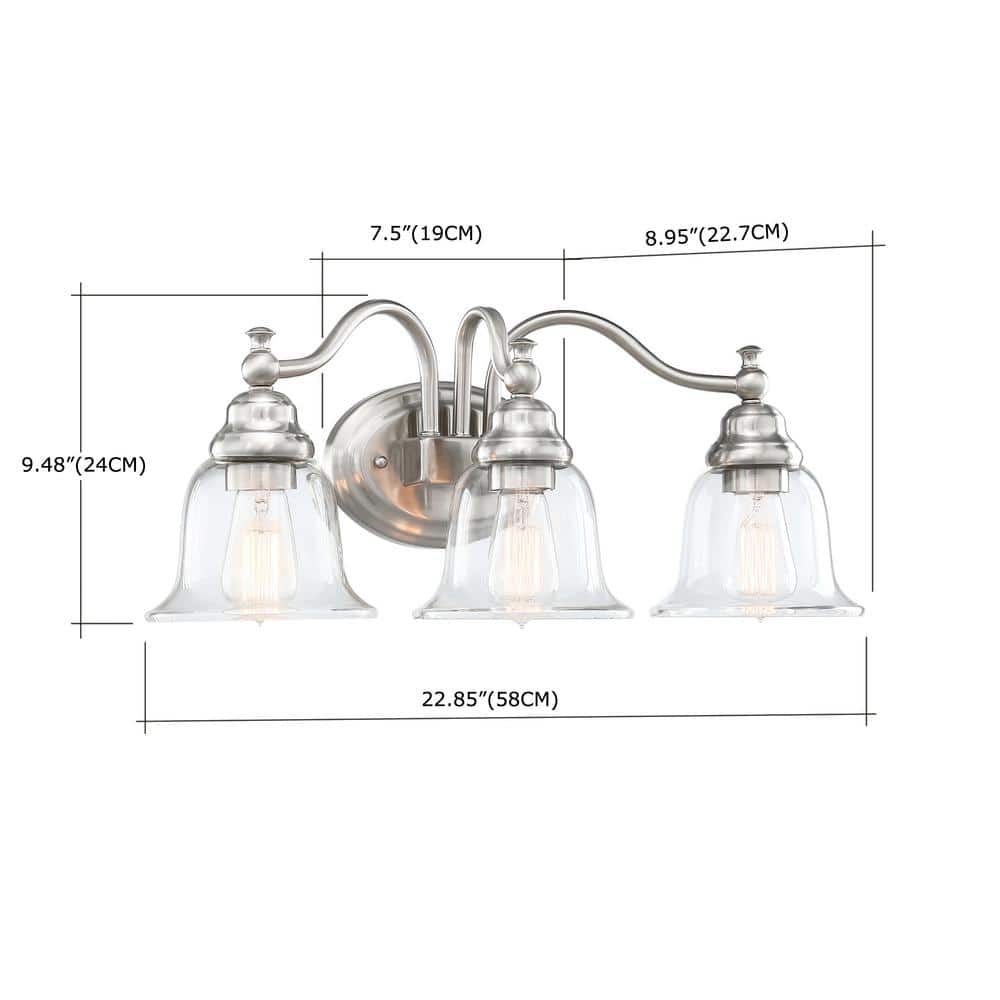 Brushed Nickel 3-Light Vanity with Clear Glass Shades