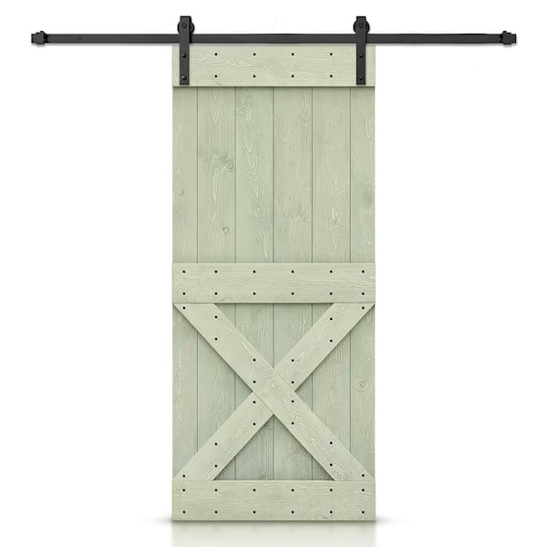 CALHOME Mini X Series 36 in. x 84 in. Pre-Assembled Sage Green Stained Wood Interior Sliding Barn Door with Hardware Kit