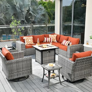 Crater Grey 10-Piece Wicker Patio Fire Pit Conversation Sofa Set with Swivel Rocking Chairs and Orange Red Cushions