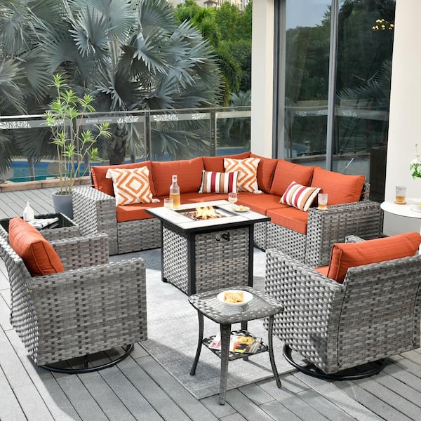 HOOOWOOO Crater Grey 10-Piece Wicker Patio Fire Pit Conversation Sofa Set with Swivel Rocking Chairs and Orange Red Cushions