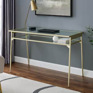 48 in. Gold Rectangular Metal and Glass Writing Desk with 2-Tiers