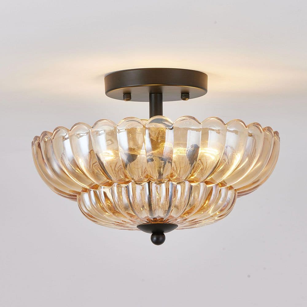 12 in. Vintage Round Matte Black Semi-Flush Mount Ceiling Light with Amber Ribbed Glass Shade for Kitchen price history on PriceWatchPro
