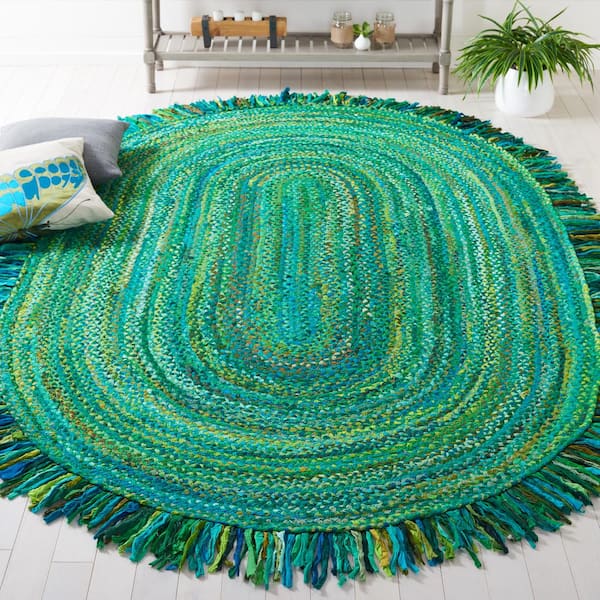 Braided Green Doormat 3 ft. x 5 ft. Abstract Striped Oval Area Rug
