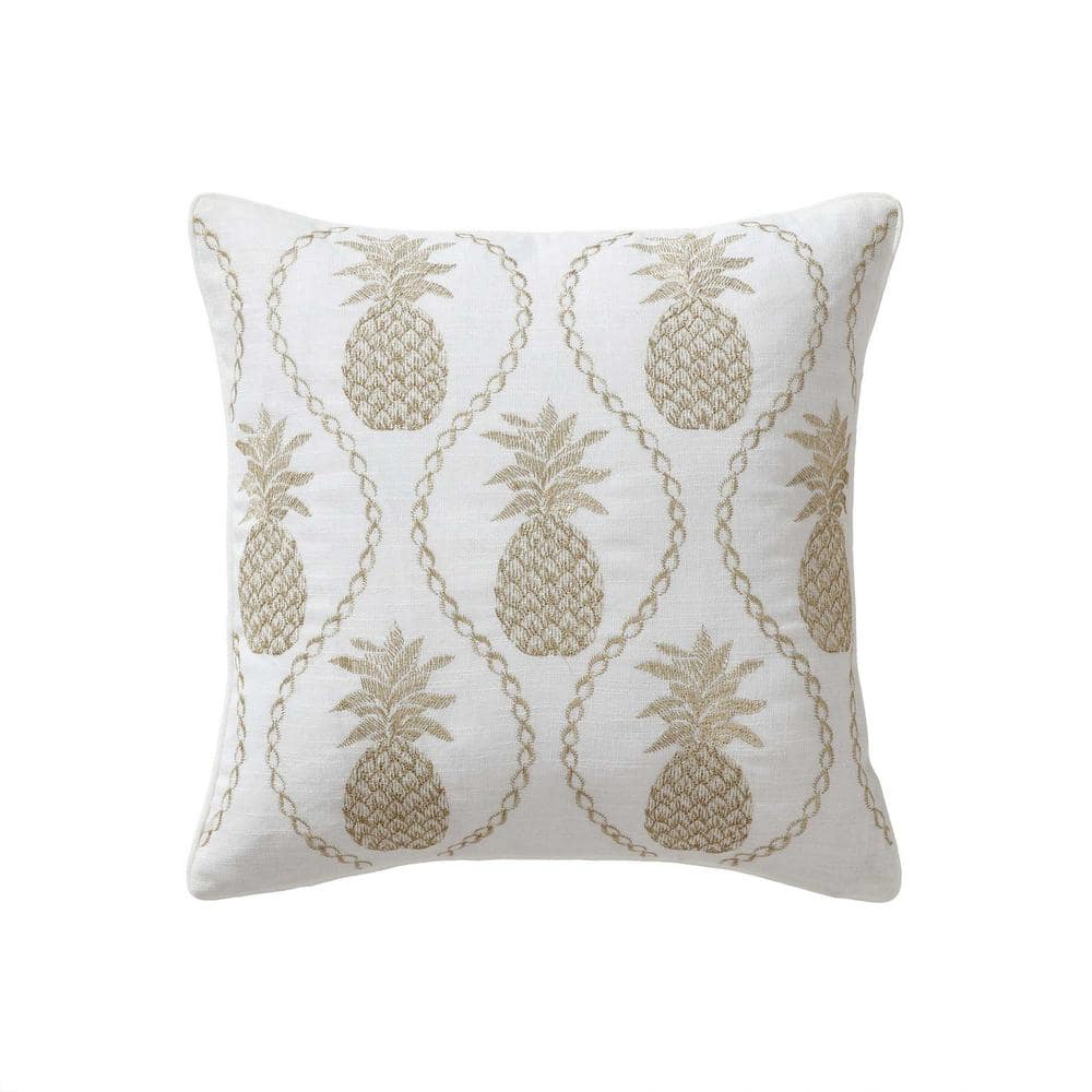 Golden Pineapples Embroidered White and Gold Square Throw Pillow