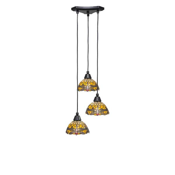 Unbranded Condor 3 Light Matte Black, Cluster Pendant Light with 7 in. Amber Dragonfly Art Glass Shades, No bulbs included
