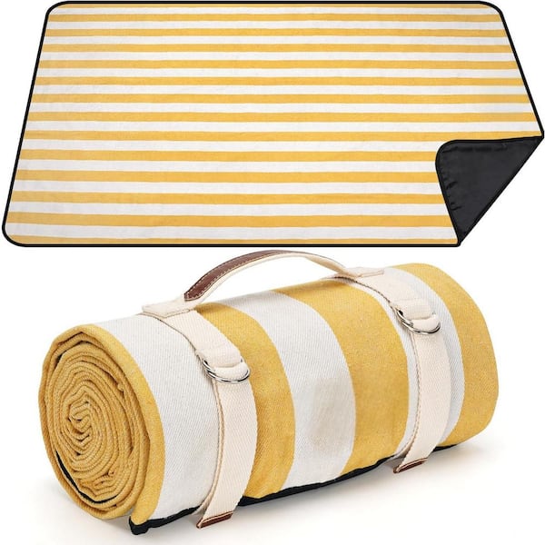 Cubilan Waterproof Picnic Blanket Portable with Carry Strap for Beach Mat or Family Outdoor Camping Party (Butter Yellow)