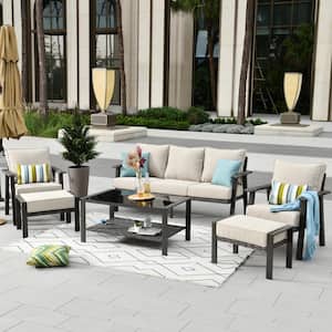 Walden Grey 6-Piece Wicker Metal Outdoor Patio Conversation Sofa Seating Set with a Coffee Table and Beige Cushions