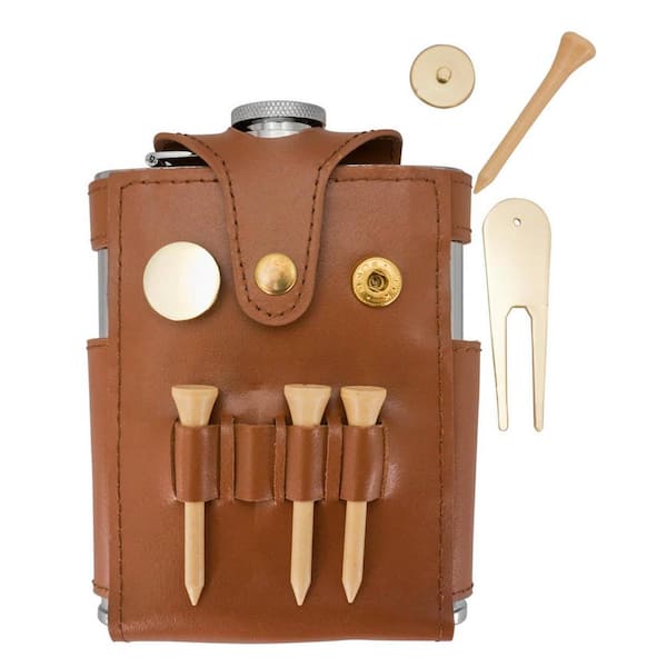 Visol 6 oz. Brown Leather Wrapped Flask with Golf Tools