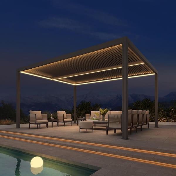12 ft. x 16 ft. Bronze Aluminum Frame Patio Louvered Pergola Gazebo with Adjustable Sunshade Roof and LED Strip Lights