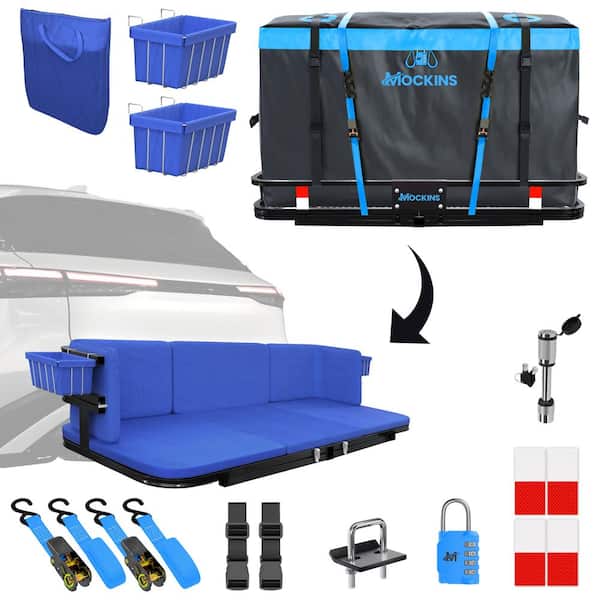 Mockins 48in x 18in x 6in. 2-in-1 Hitch Mount Cargo Carrier and Hitch Bench with 15CuFt Cargo Bag, Cushion Set and Accessories
