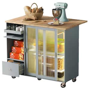 Gray Blue Wood 44 in. Kitchen Island with Adjustable Shelf, Fluted Glass-Doors
