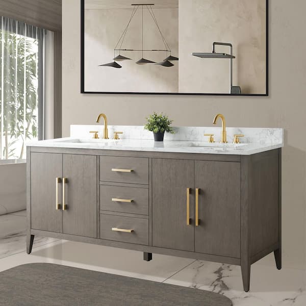 72 in. W x 22 in. D x 34 in. H Double-Sink Bath Vanity Driftwood Gray with Engineered Marble Top in in Arabescato White