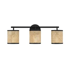Jaylar 24.5 in. W x 8.5 in. H 3-Light Matte Black Bathroom Vanity Light with Woven Cane Shades