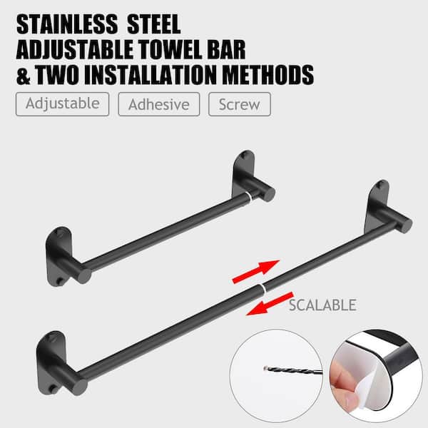 2-Pack Adjustable 14.4 in. to 25.2 in. Matte Black Towel Bar, Stainless Steel Towel Rack for Bathroom and Kitchen