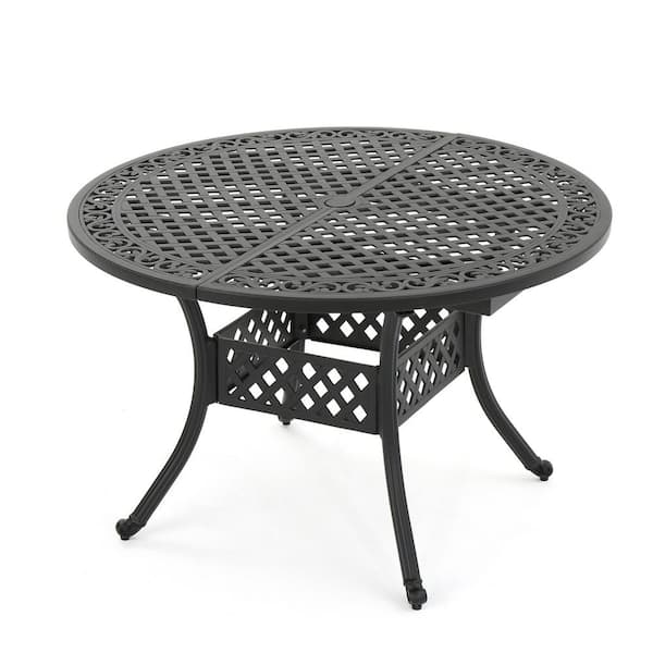 Unbranded Cast aluminum outdoor round dining table, extendable with umbrella hole, suitable for patio garden backyard black
