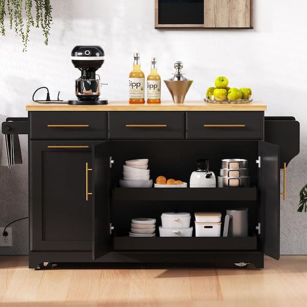 PDTEND Black Rubber Wood 59.3 in. W Kitchen Island with Trash Can