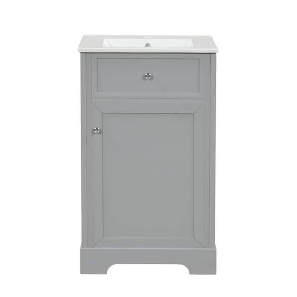 20 in. Single Sink Freestanding Gray Bath Vanity with White Ceramic Top, Adjustable Shelf