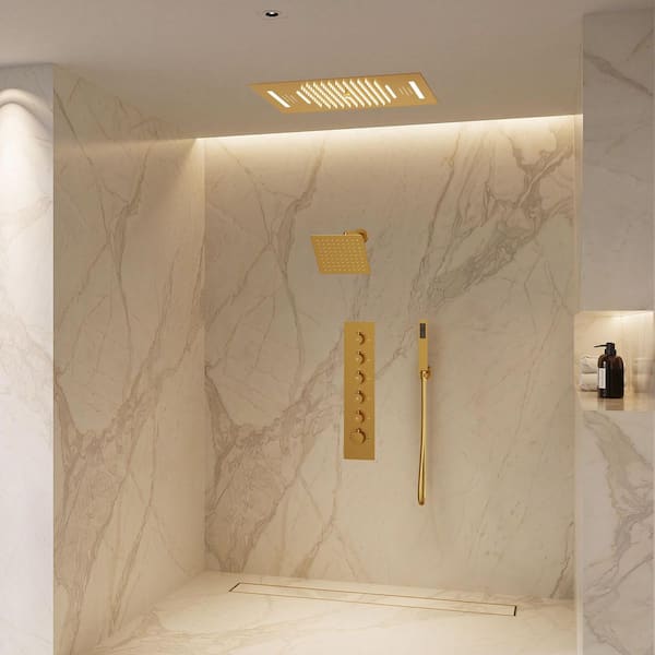 Thermostatic 5-Spray 23x15 in. Ceiling Mount LED Bluetooth Music Dual Fixed and Handheld Shower Head in Brushed Gold