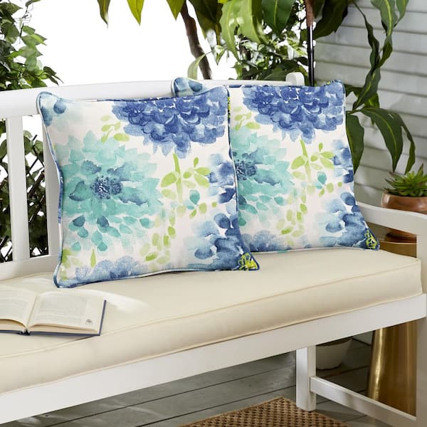 Sorra Home 18 in. x 18 in. x 6 in. Gardenia Seaglass Square Outdoor/Indoor Corded Throw Pillow (Set of 2), Blue