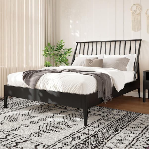 Alexandra Mid-Century Modern Black Bamboo Frame Queen Size Platform Bed with Tall Headboard, Wooden Slats, Metal Support